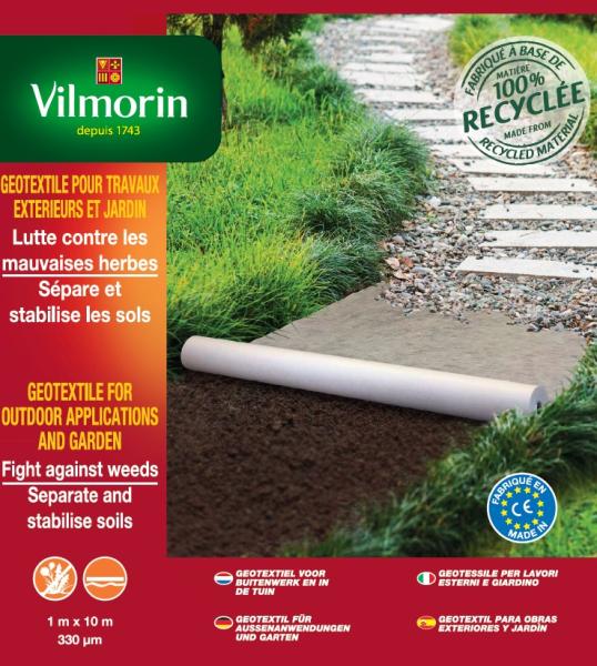 Aménagement des allées, massifs et haies - Géotextile Recyclé Travaux Extérieurs - 100 g/m² -1 m x 10 m - Blanc - face recto